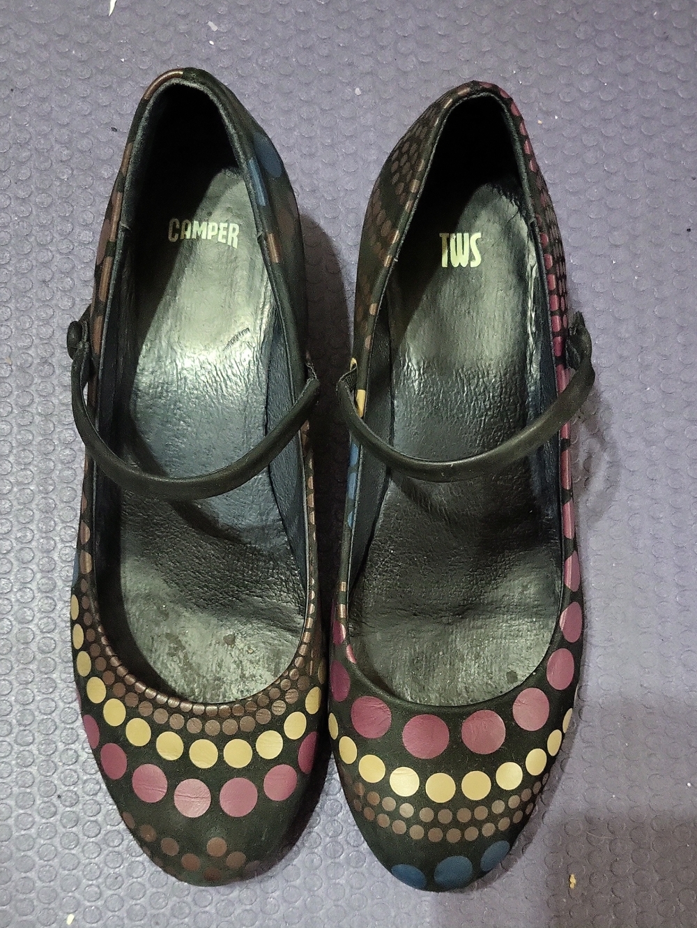 Camper Black Mary Jane Flats with Multicolor Dot Accents